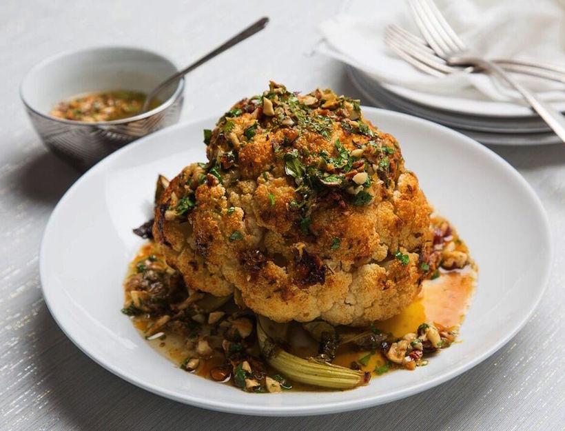 Whole Roasted Cauliflower with Hazelnut and Sherry Beurre Noisette