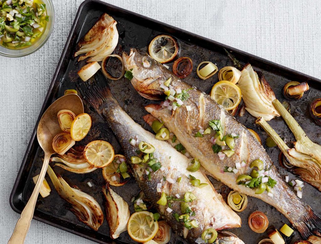 Whole Roasted Branzino with Castelvetrano Olive Relish
